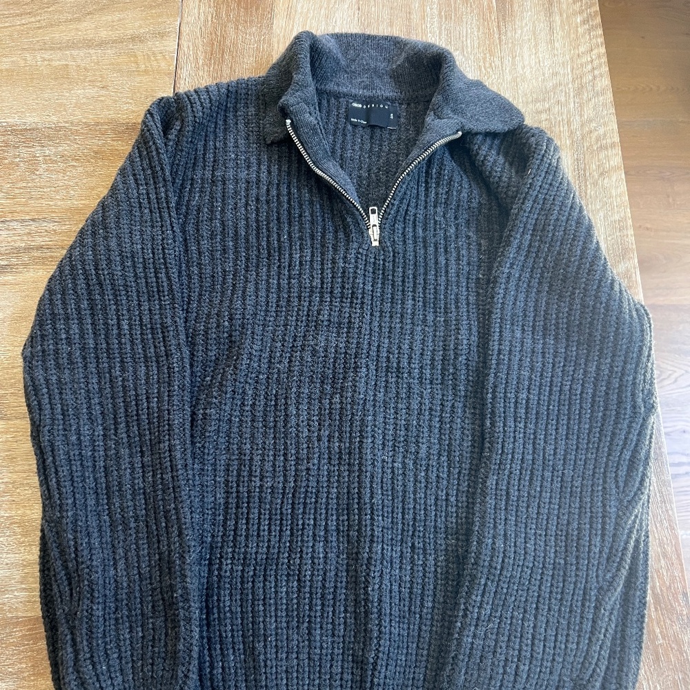ASOS DESIGN heavyweight wool mix ribbed 1/4 zip sweater in charcoal   - 2XS